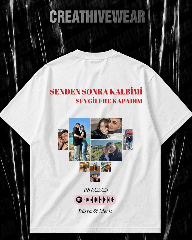 Kişiye Özel “Fotoğraflı Kalp Kolajı” baskılı beyaz T-shirt