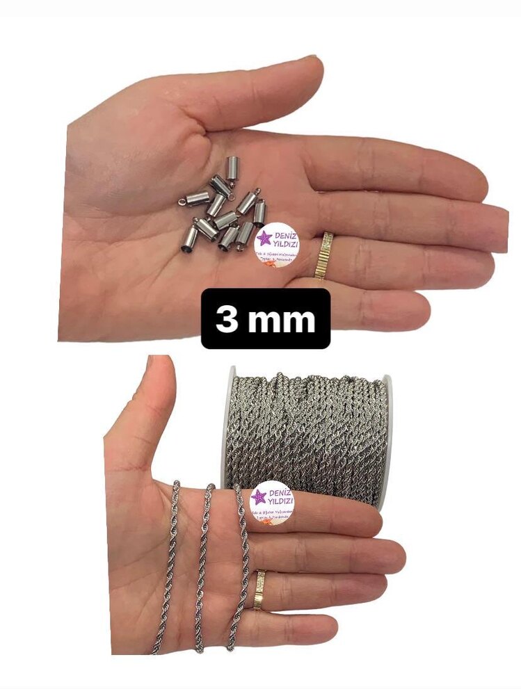 Çelik Gümüş rengi 3 mm Burgu Zincir + Çelik Kapsül
