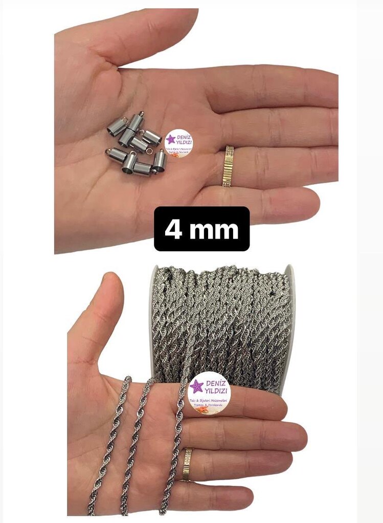 Çelik Gümüş rengi 4 mm Burgu Zincir+ Çelik Kapsül