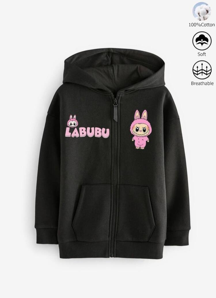  Kız Çocuk Labubu Baskılı Fermuarlı Kapüşonlu Sweatshirt Ceket Hırka