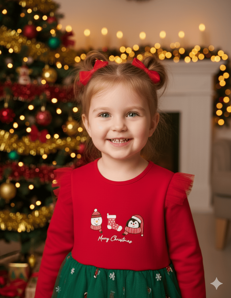 Yılbaşı Noel Temalı Kız Bebek Tül Etekli Elbise