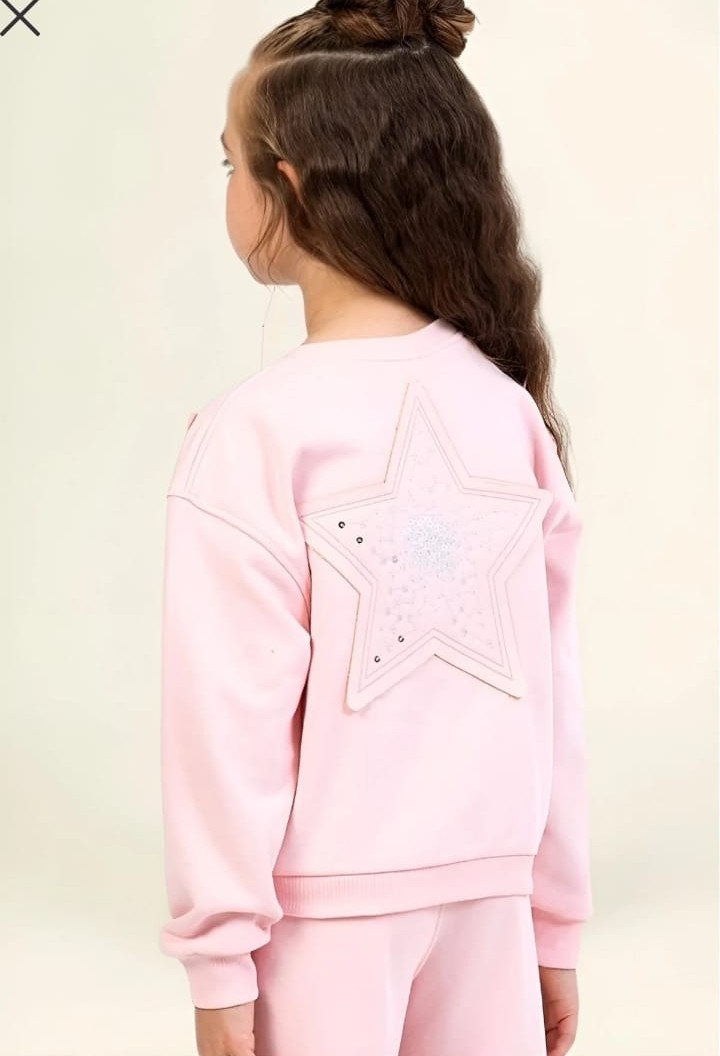 Kız Çocuk Pul İşlemeli Yıldız Detay Sweatshirt Geniş Paça Eşofman Alt İkili Takım