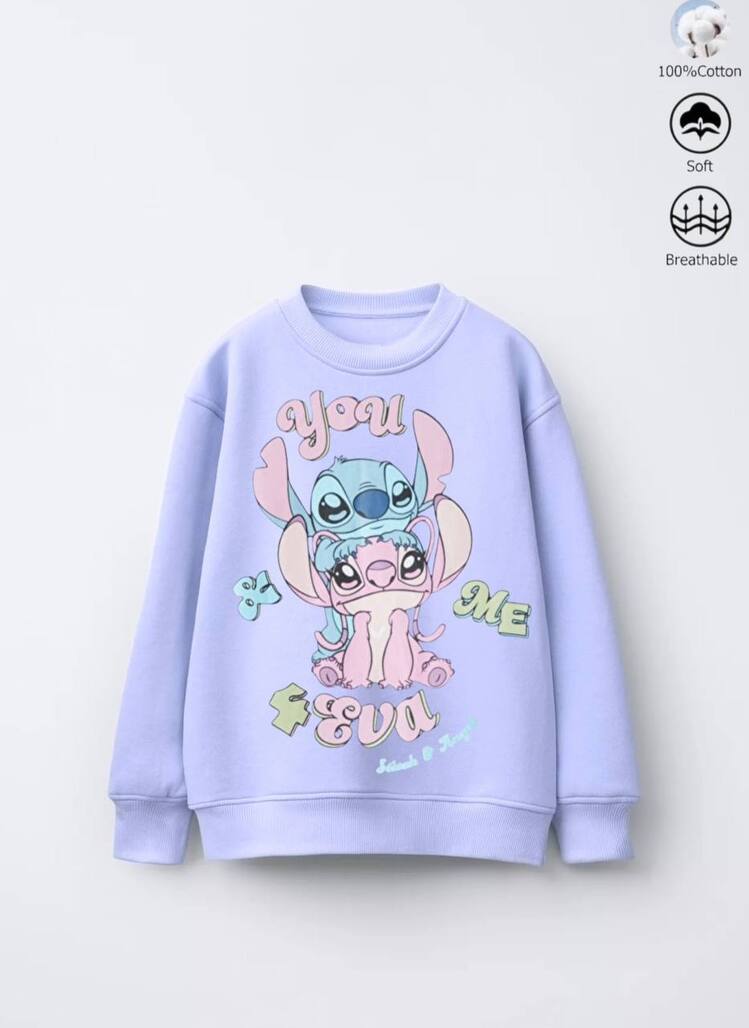 Kız Çocuk Lila Stitch Baskılı Sweatshirt