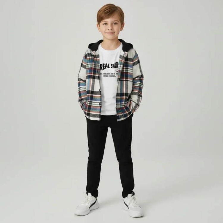 Erkek Çocuk Kapüşonlu Ekoseli Oduncu Gömlek Sweatshirt Eşofman Alt Üçlü Takım