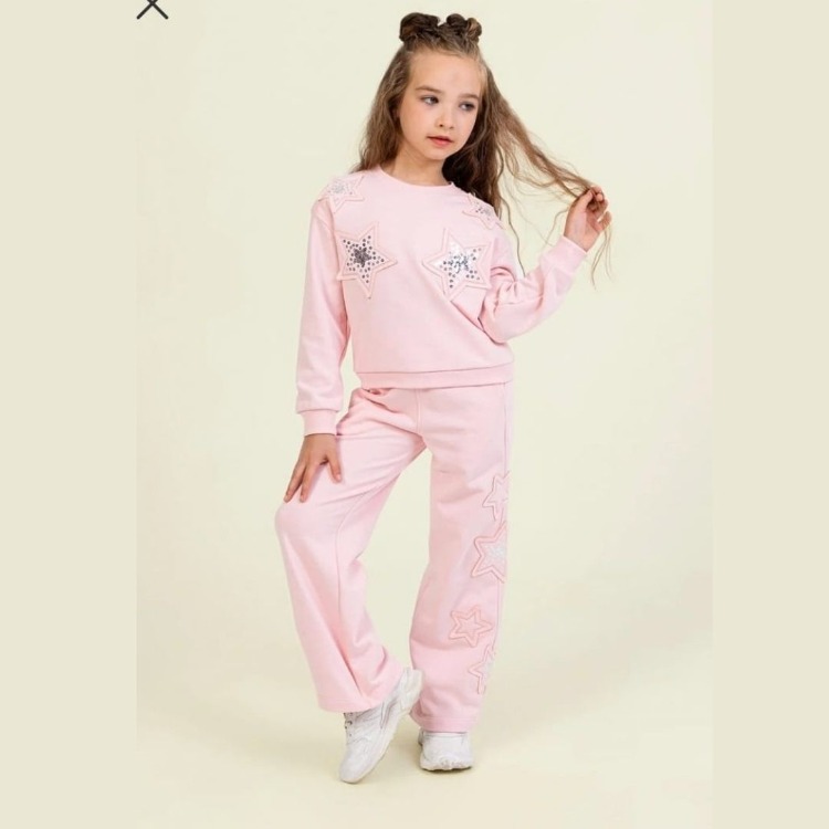 Kız Çocuk Pul İşlemeli Yıldız Detay Sweatshirt Geniş Paça Eşofman Alt İkili Takım