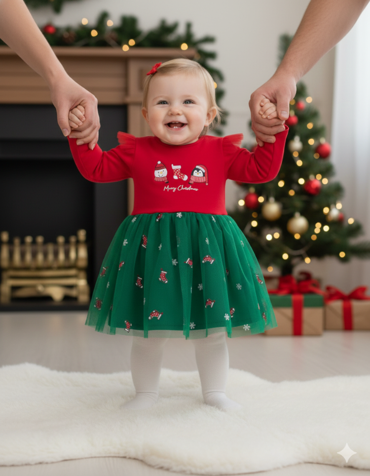 Yılbaşı Noel Temalı Kız Bebek Tül Etekli Elbise