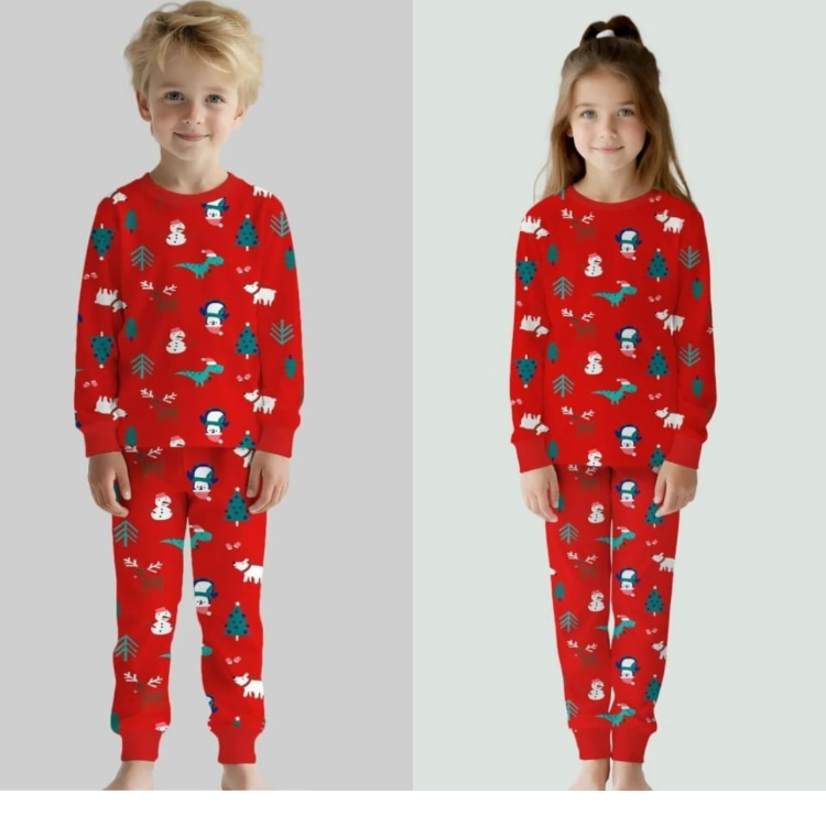 Erkek ve Kız Çocuk Yılbaşı Desenli Pijama Takımı