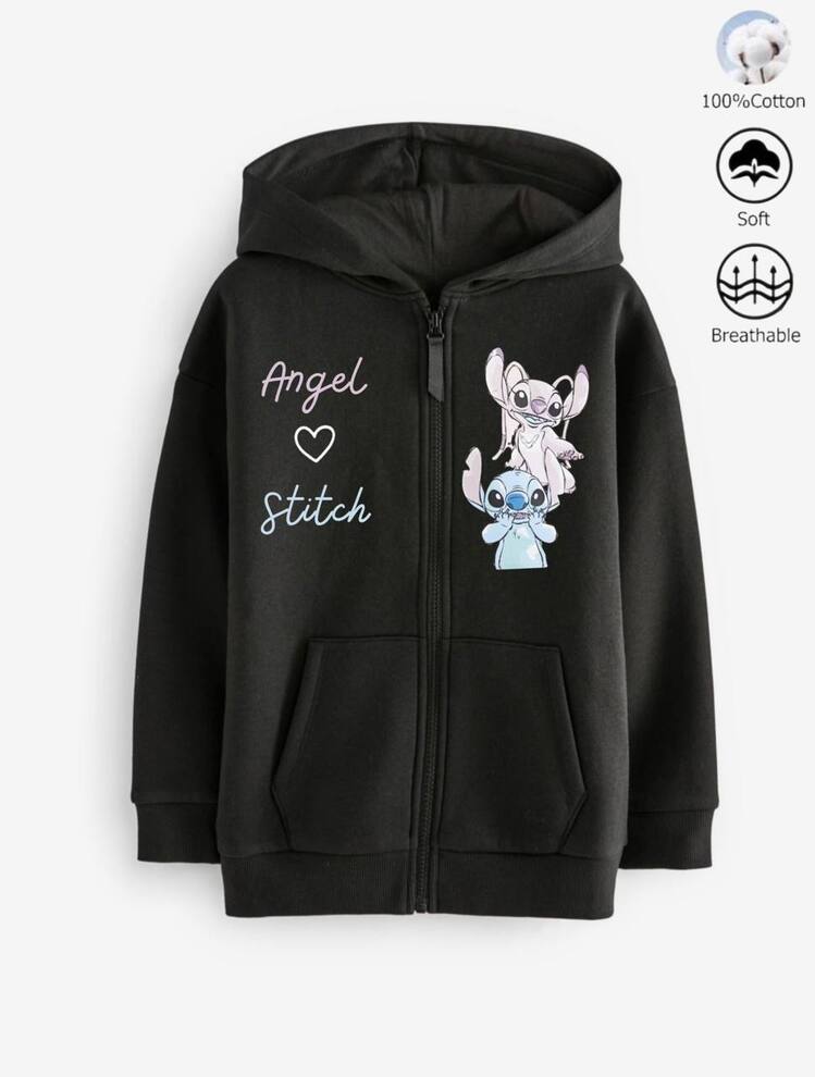 Kız Çocuk Stitch Baskılı Fermuarlı Kapüşonlu Sweatshirt Ceket Hırka