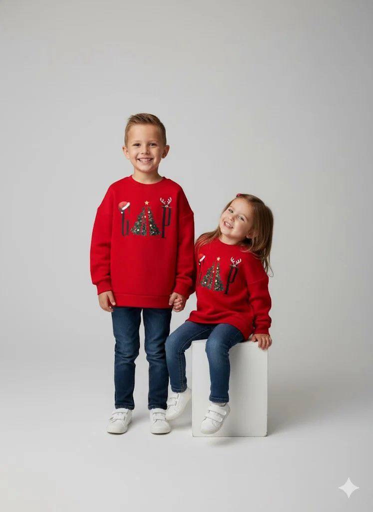 Yılbaşı Ağacı Temalı Kırmızı Çocuk Sweatshirt (Kız/Erkek Çocuk)