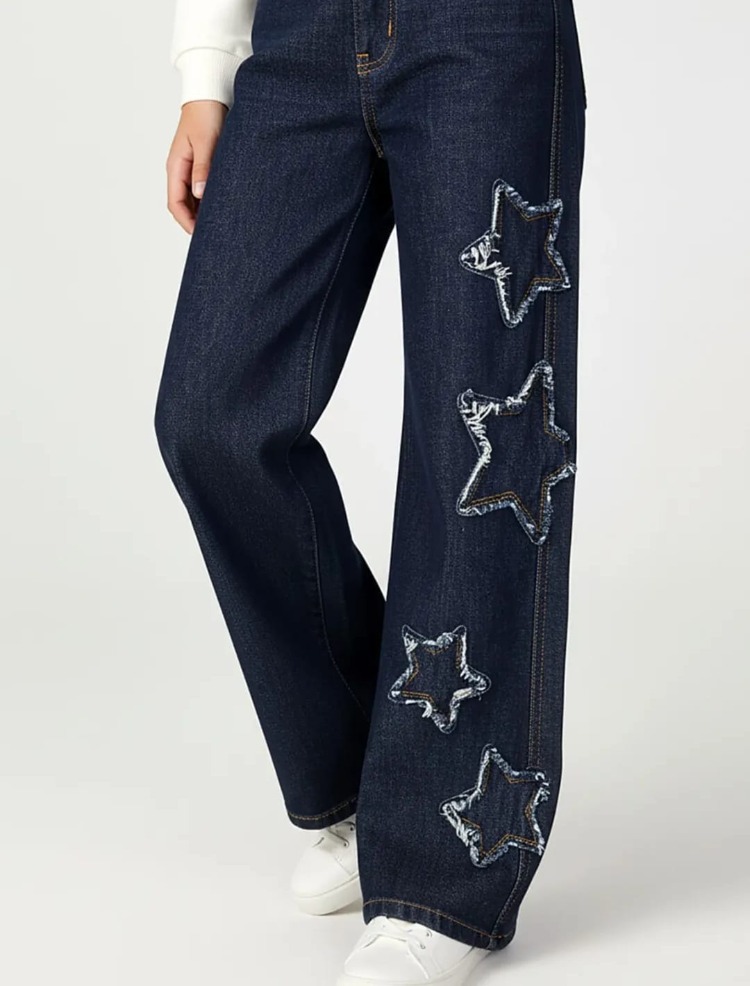 Kız Çocuk Yıldız Detaylı Bol Paça Wide Leg Jean Kot Pantolon