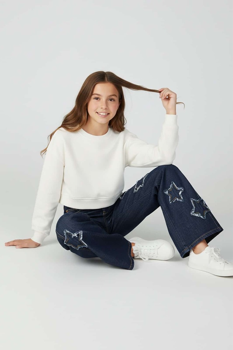 Kız Çocuk Yıldız Detaylı Bol Paça Wide Leg Jean Kot Pantolon