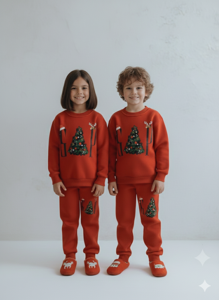 Yılbaşı Temalı Kırmızı Kız/Erkek Çocuk Sweatshirt Eşofman Alt İkili Takım