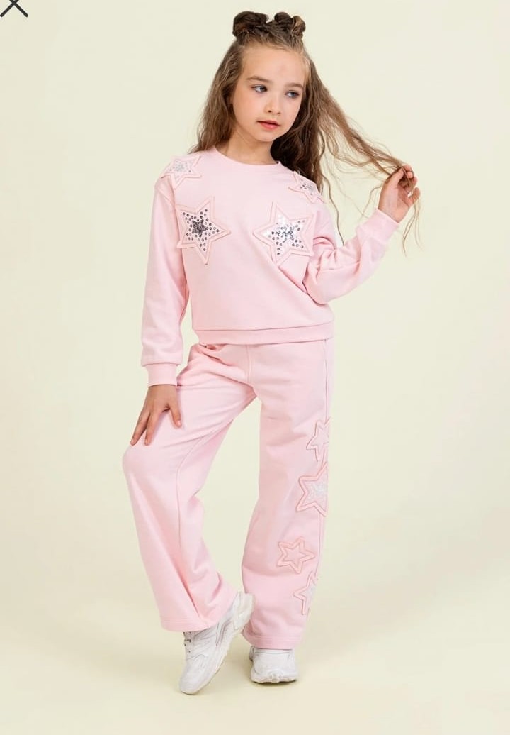 Kız Çocuk Pul İşlemeli Yıldız Detay Sweatshirt Geniş Paça Eşofman Alt İkili Takım