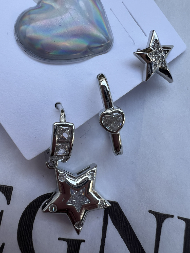 Üçlü set star heart küpe
