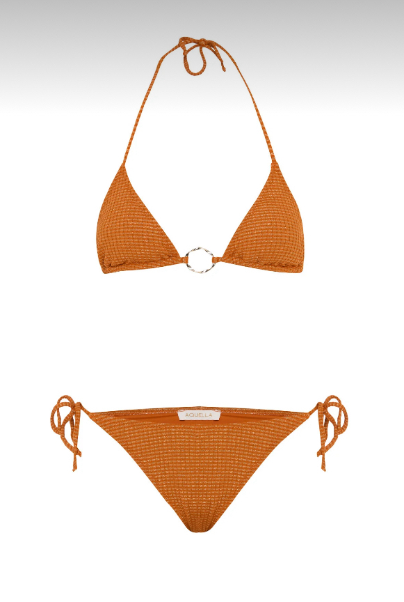 Halka aksesuarlı simli turuncu bikini takımı