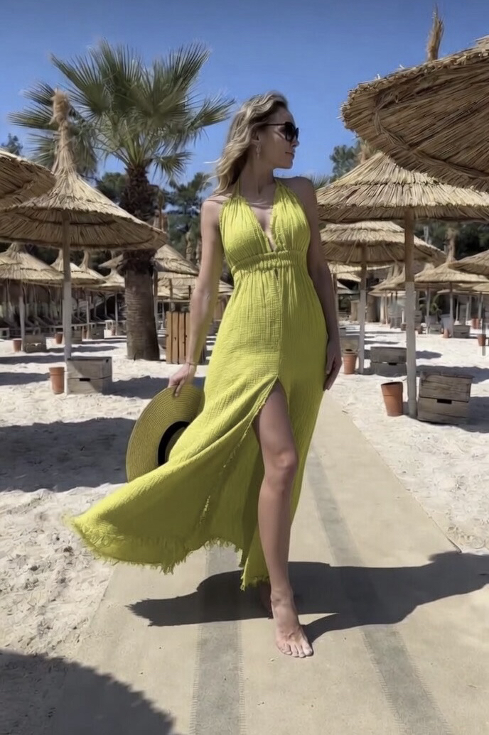 Müslin maxi elbise golden olive 3530