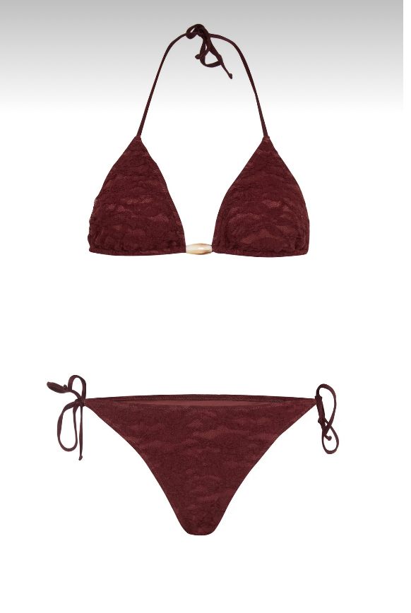 Boncuk aksesuarlı kahverengi dantel bikini takımı
