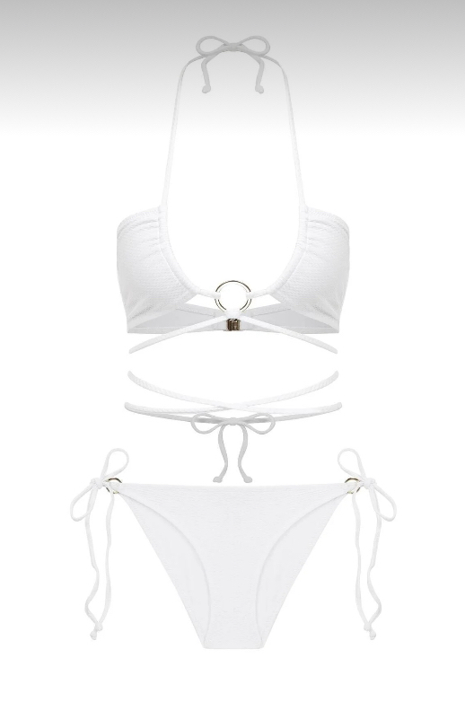 Aksesuarlı bağlamalı halter yaka dokulu bikini takımı