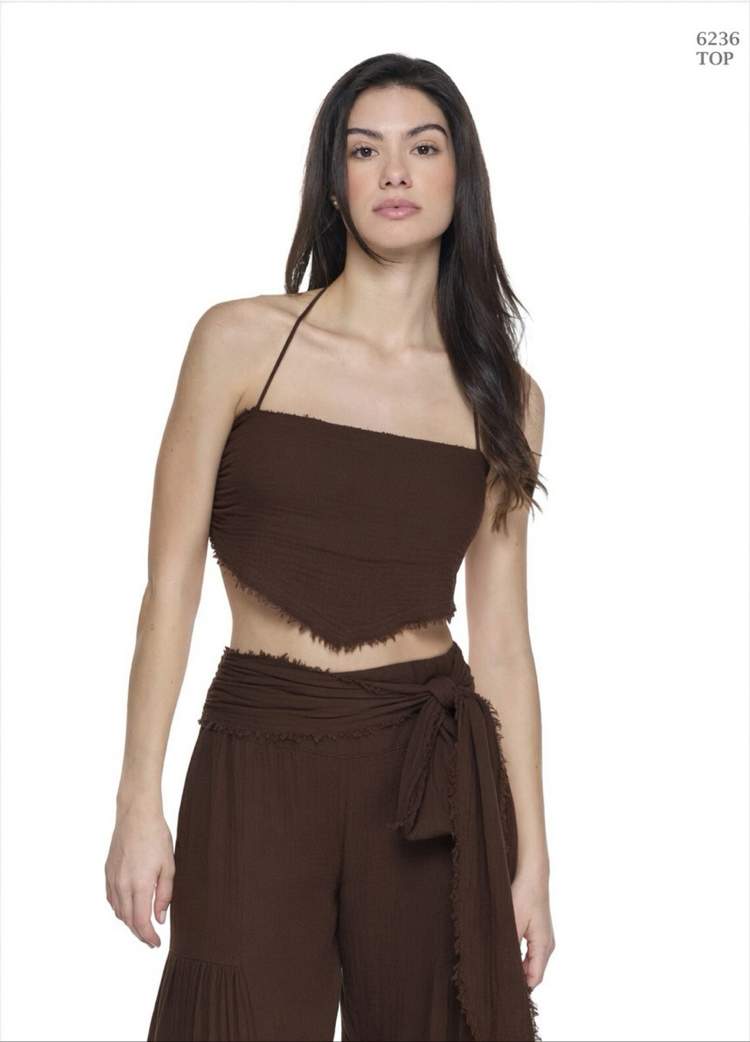 Müslin crop pantolon takım kahverengi 6236-5245