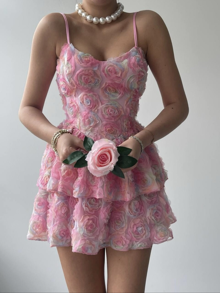 Flora pembe ip askılı mini elbise 00342