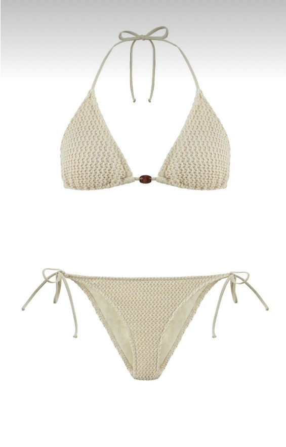 Ekru kroşe üçgen bikini takımı
