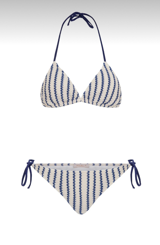 Lacivert çizgili ekru triko bikini takımı