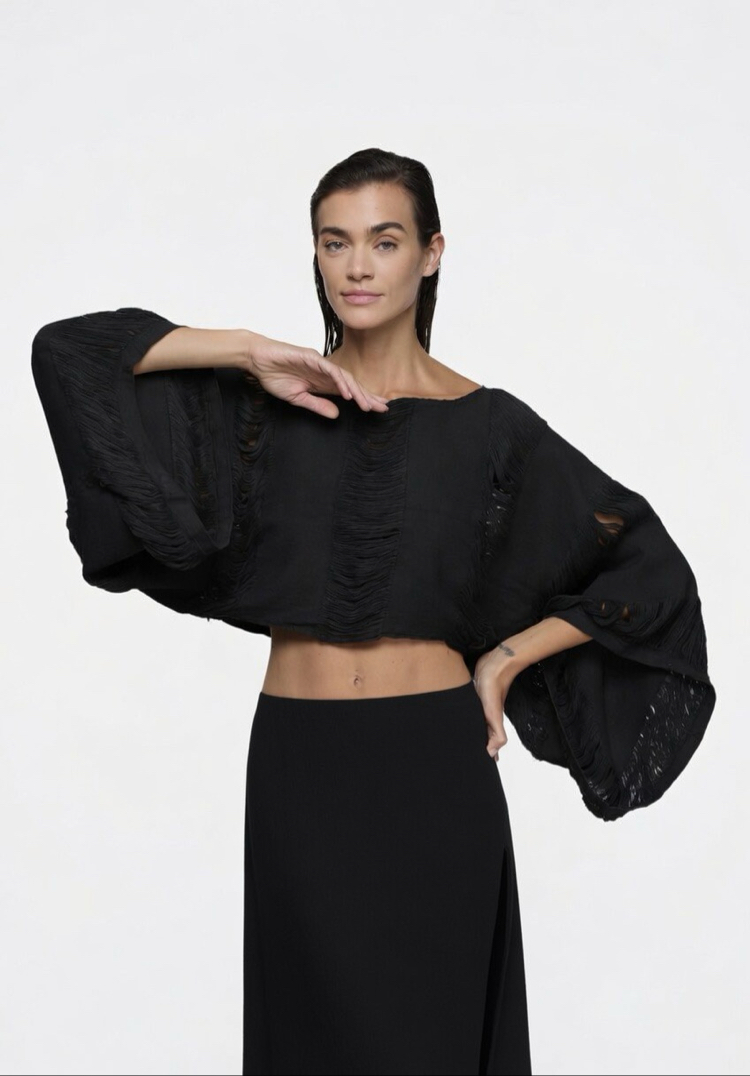 Siyah boho dokuma bluz 9029