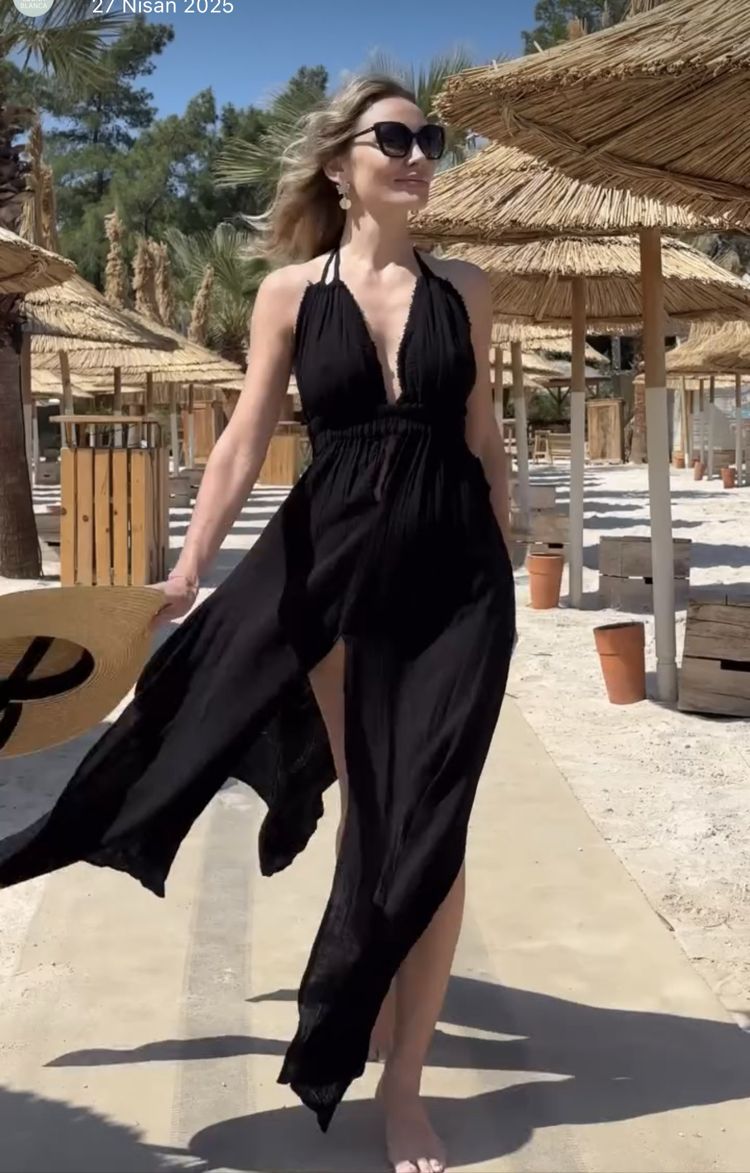 Müslin maxi elbise siyah 3530