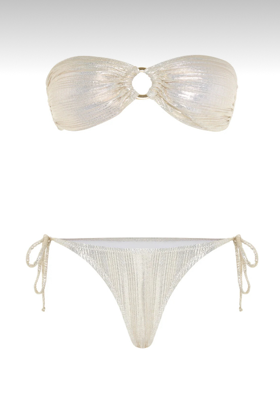 Tokalı piliseli gold parlak straplez bikini takımı