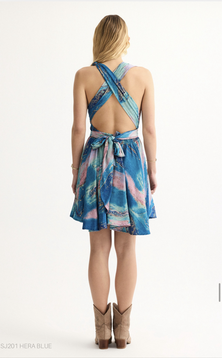 Hera blue ipek mini elbise sj201