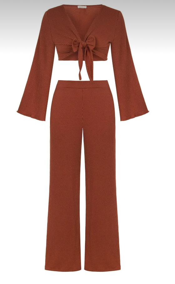 Tarçın dokulu crop top-pantolon ikili takım