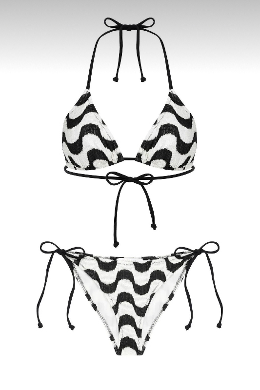 Triko siyah-beyaz desenli bikini takimi
