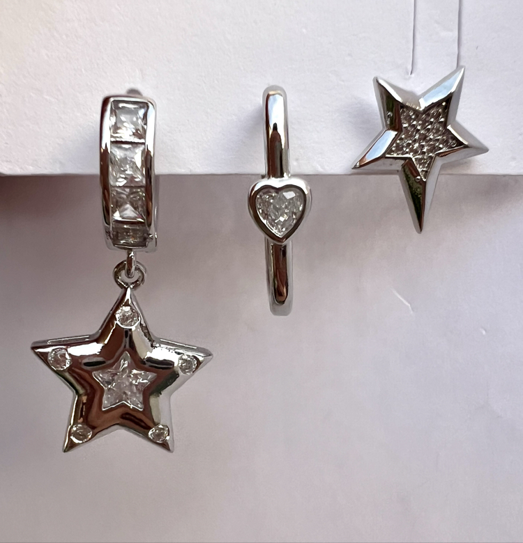 Üçlü set star heart küpe