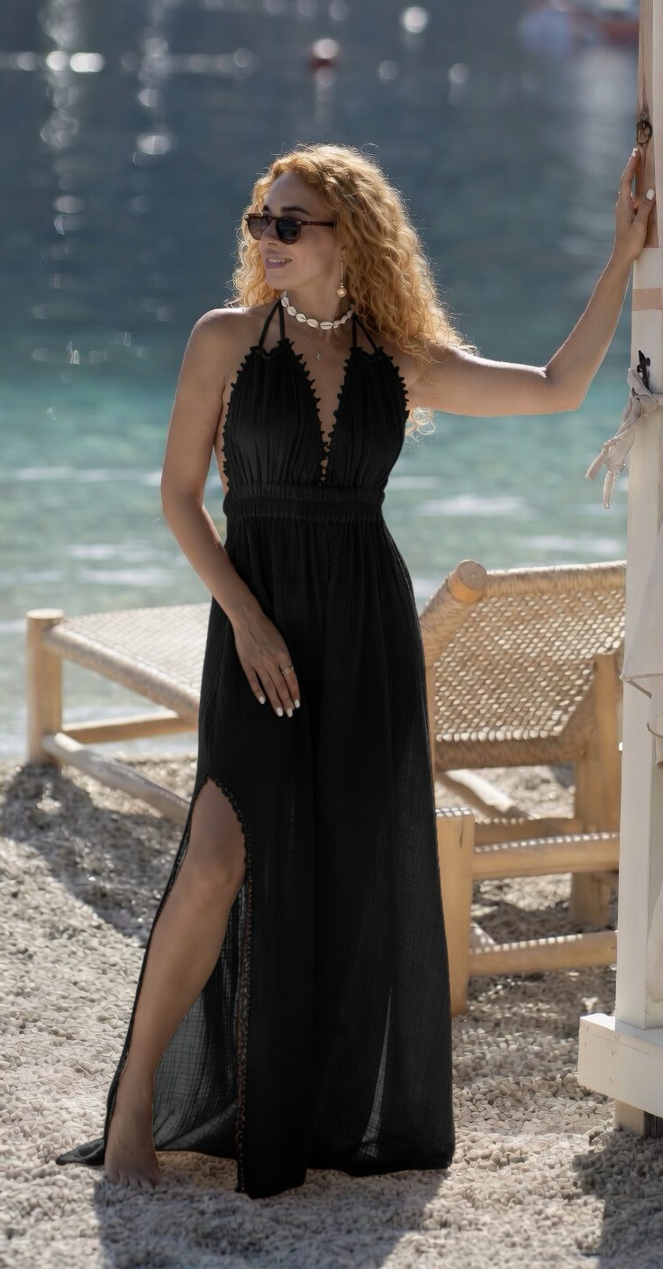 Müslin maxi elbise siyah 3530