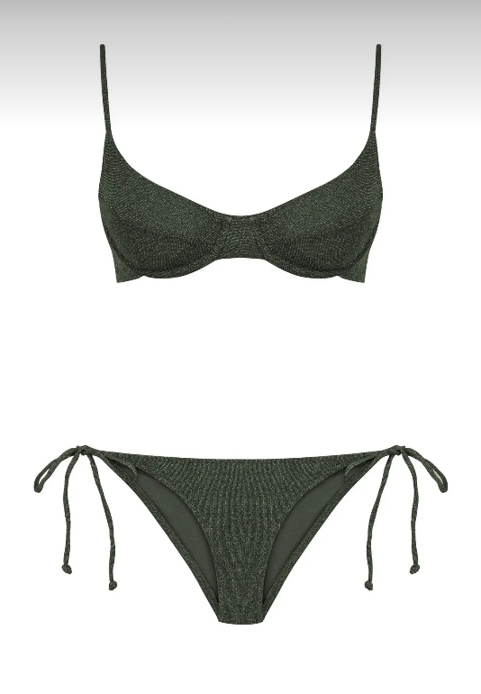 Balenli büzgülü koyu yeşil lurex bikini takımı