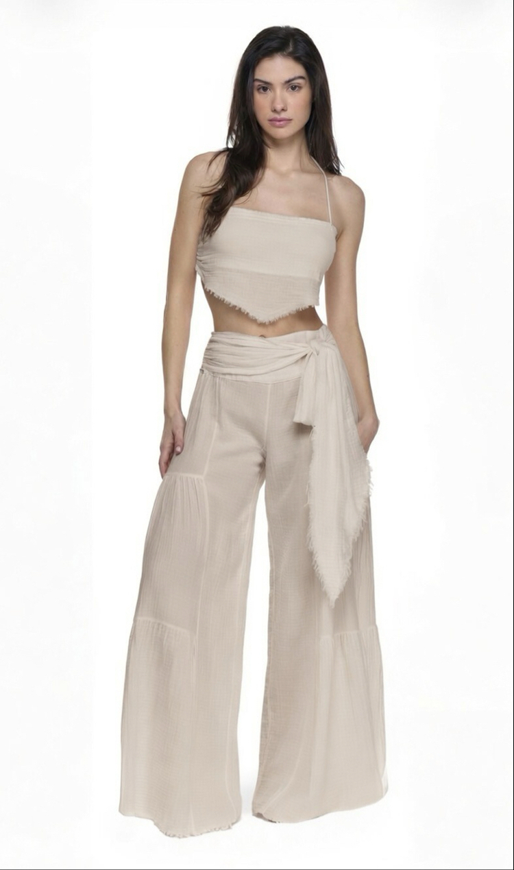 Müslin crop pantolon takım bej 6236-5245