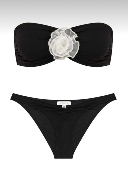 Çiçek detaylı straplez siyah bikini takımı