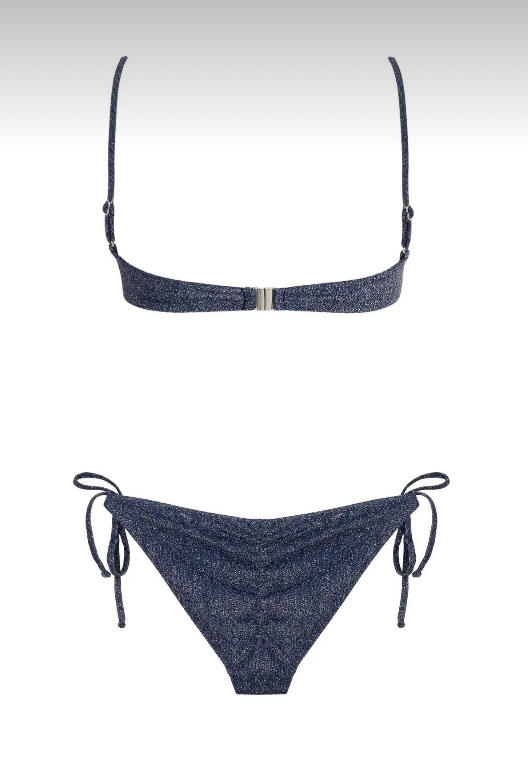 Balenli büzgülü lacivert lurex bikini takımı