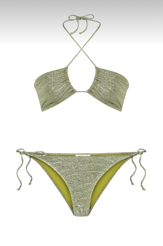 Halter yaka yağ yeşili parlak bikini takımı