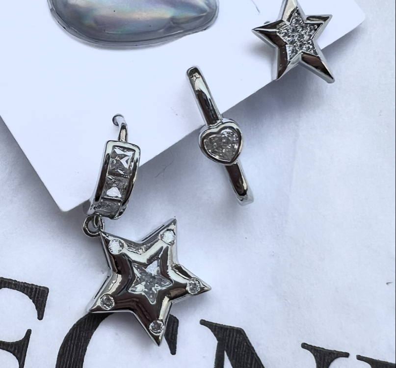 Üçlü set star heart küpe