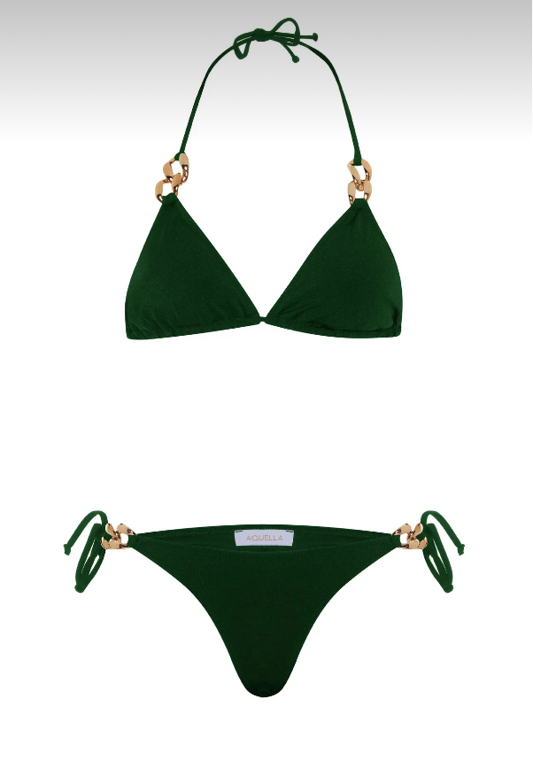 Zincir aksesuarlı koyu yeşil bikini takımı
