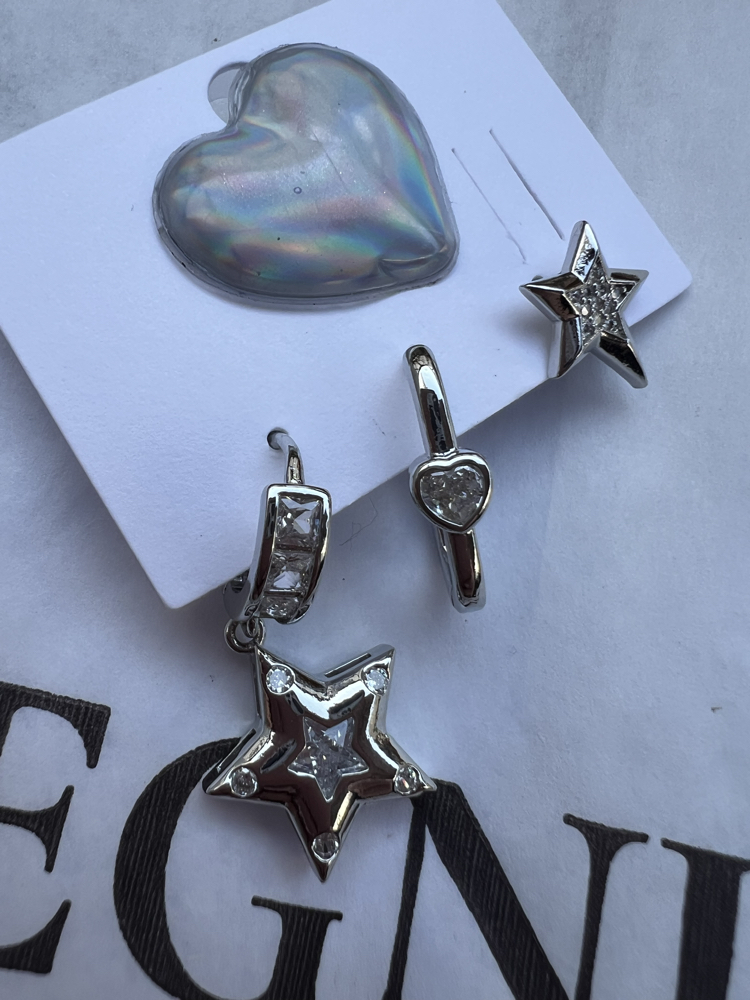Üçlü set star heart küpe