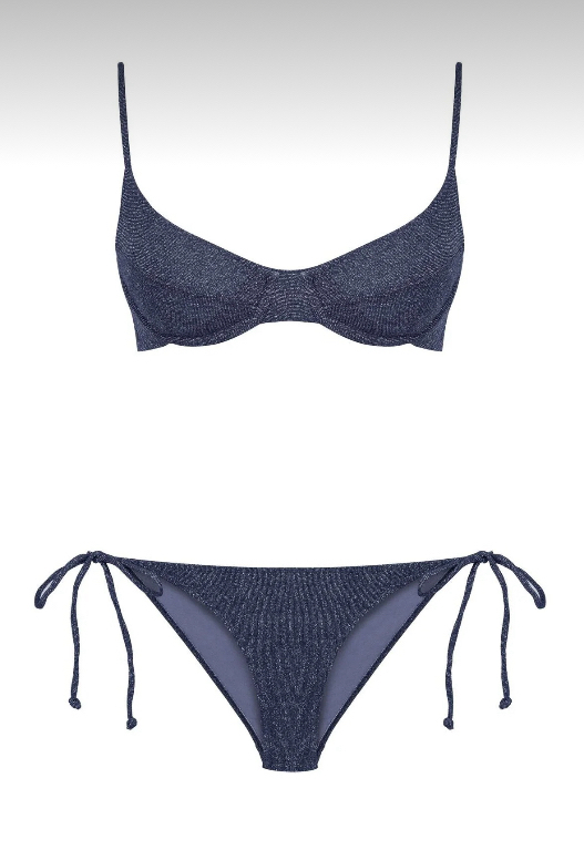 Balenli büzgülü lacivert lurex bikini takımı