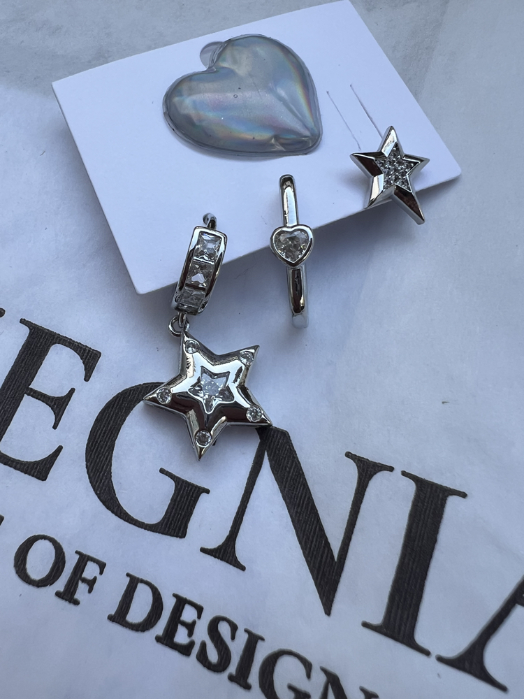 Üçlü set star heart küpe