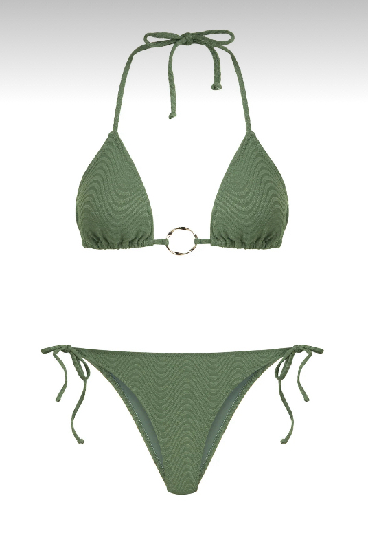 Halka aksesuarlı dokulu yeşil bikini takımı