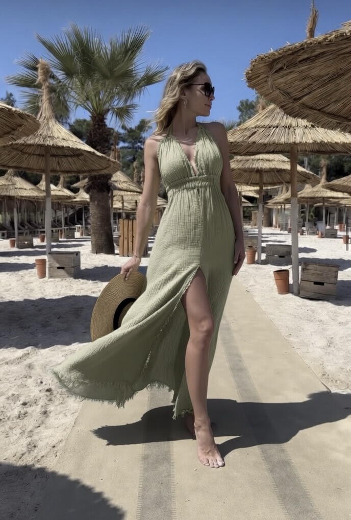 Müslin maxi elbise sea green 3530