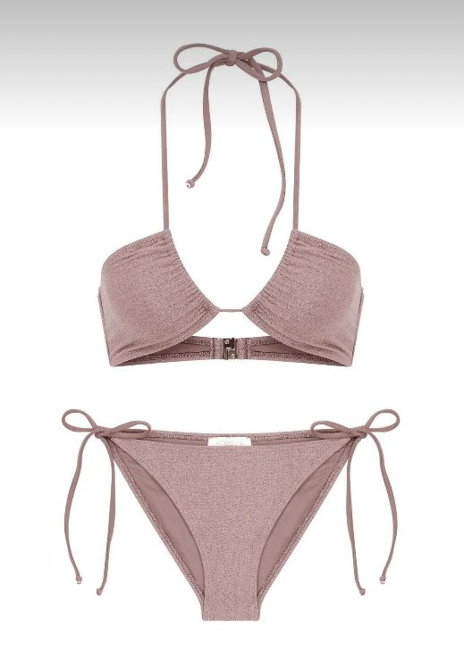 Hakter yaka gül kurusu simli bikini takımı