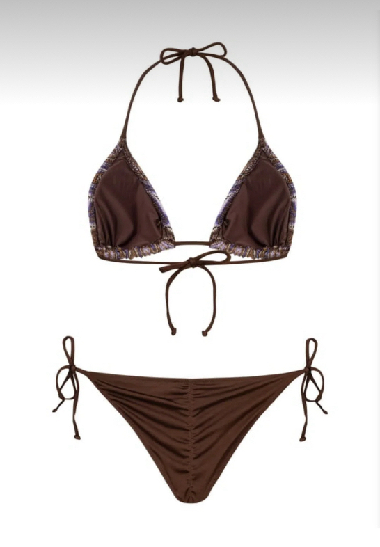 Arkası büzgülü kahverengi-mor triko bikini takımı