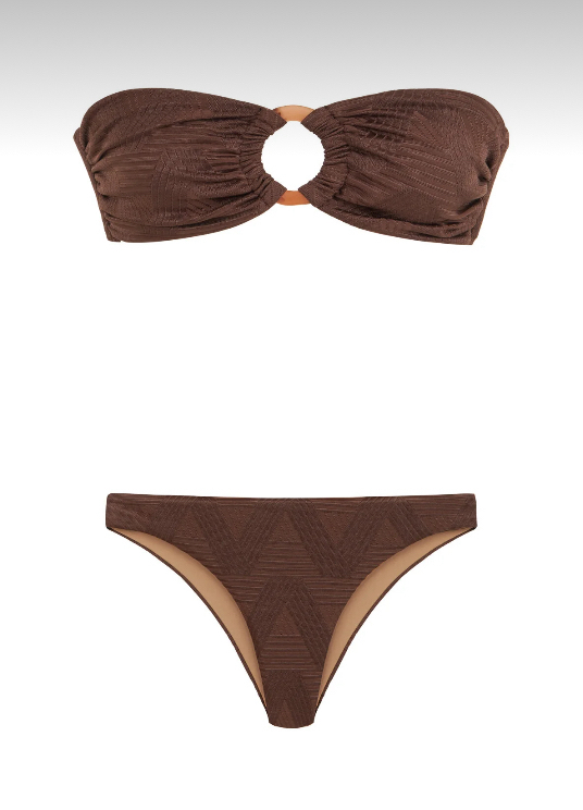 Aksesuarlı dokulu kahverengi straplez bikini takımı 