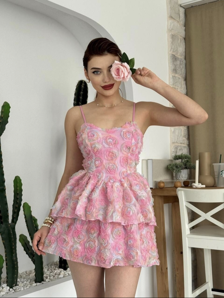 Flora pembe ip askılı mini elbise 00342